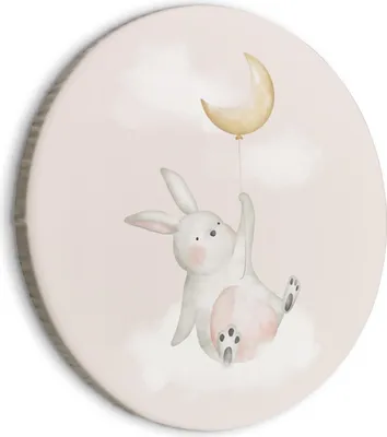 Produktbild von Runde Bilder 80x80 cm Kinderzimmer Leinwandbild 1 tlg Kunstdruck modern Wandbilder XXL Wanddekoration Design Wand Bild Hase Luftballon Wolke wie gemalt e-A-10054-bc-a