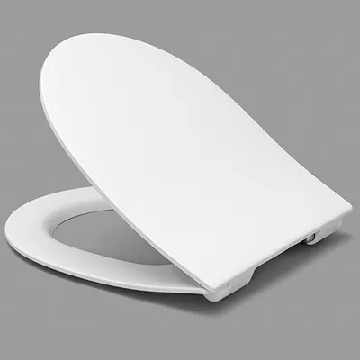 A white toilet seat and lid are shown in an open position against a plain gray background.
