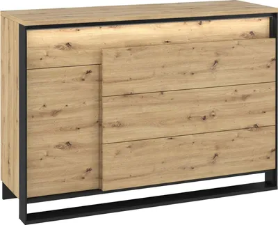 Produktbild von Kommode QUANT QA-08 mit 4 Schubladen 1 Tür Sideboard 130 cm Mehrzweckschrank Anrichte Highboard Push-to-Open Loft (Artisan Eiche / Schwarz)