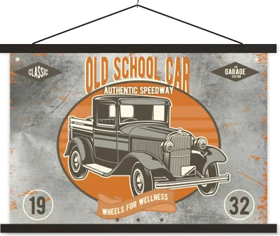 Produktbild von MuchoWow® Textilposter Mancave - Auto - Orange - Grau - Vintage 90x60 cm mit schwarzem Rahmen - Aufhängungssatz