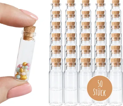 Produktbild von 50 Stk. Mini Glasflaschen 2 ml mit Korken | kleine Glasflaschen inkl. Korken zum Befüllen | Korkengläser Gastgeschenk, Gewürzgläser, Hochzeitsdeko