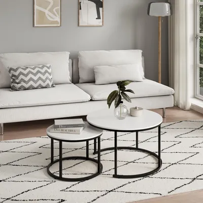 Produktbild von Couchtisch 2er Set aus Holz Wohnzimmertisch Modern in Beistelltisch Set 2 in 1 mit Metallgestell für Wohnzimmer, rund, weiß