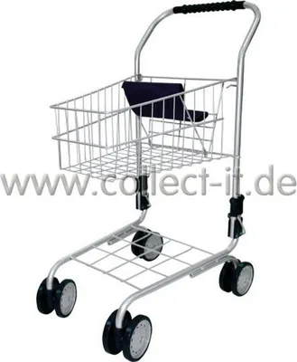 A silver toy shopping cart with a black seat and black wheels, shown from a slightly diagonal front view against a white background.