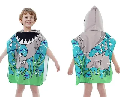 Immagine prodotto di Asciugamano da bagno per bambini con cappuccio, 100% cotone, poncho, telo da spiaggia, motivo squalo bianco, adatto a bambini dai 3 ai 12 anni