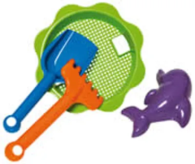 Produktbild von Sandspielzeug Set Schaufel Rechen Förmchen Sieb 4-tlg. Sand- und Wasserspielzeug