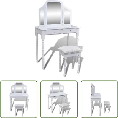 Image de The Living Store Coiffeuse avec miroir 3 en 1 et tabouret 2 tiroirs blanc