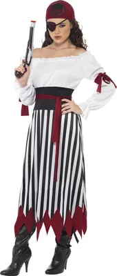 A woman wearing a pirate costume.