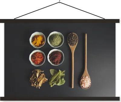 Produktbild von MuchoWow® Textilposter Schöpfkelle - Gewürze - Kräuter - Grün - Braun - Rustikal 60x40 cm mit schwarzem Rahmen - Hölzernes