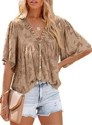 Image de ASKSA Femme Mousseline Blouse 3/4 manches cloche Tunique d'été Boutons Chemise Tops Babydoll Hauts en vrac, Kaki, XXL