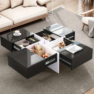 Immagine prodotto di Tavolino da salotto moderno, finitura lucida, dimensioni 70x70 cm, nero e bianco, con 4 cassetti