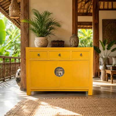 Produktbild von OPIUM OUTLET Chinesische Kommode Asia Sideboard orientalischer Schrank asiatische Möbel Anrichte Hochzeitsschrank komplett montiert gold-gelb