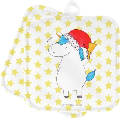 Produktbild von Mr. & Mrs. Panda Topfuntersetzer Einhorn Weihnachtsmann - Weiß - Geschenk, Nikolaus, Topflappen Set, Weihnachten, Gin, Unicorn, Kochlappen, topfhalter, Topflappenset