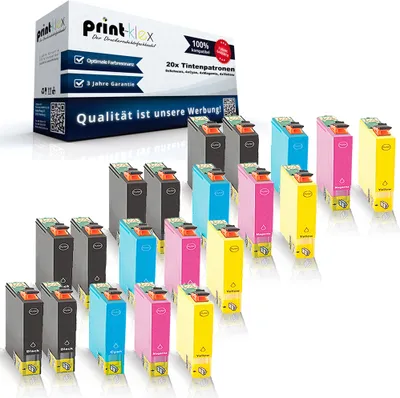 A product shot of a box of ink cartridges and multiple ink cartridges arranged in front of it.