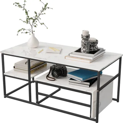 Produktbild von UnboxG Couchtisch, Kaffeetisch mit 2 Ablage, Beistelltisch mit Marmor Optik & Metallrahmen, Wohnzimmertisch Sofatisch für Wohnzimmer Zuhause Büro, 105 x 52 x 48.5 cm