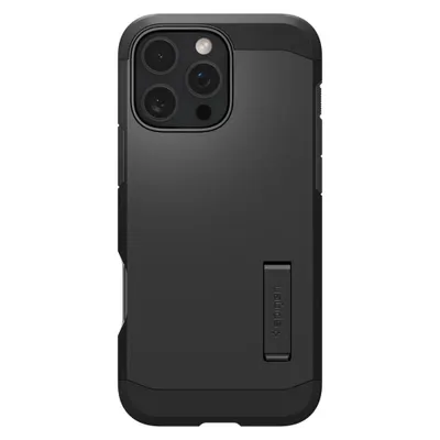 A black iPhone case with a kickstand is shown against a white background.