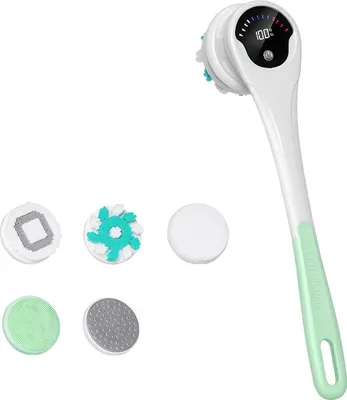 Produktbild von Elektrische Massage-Duschbürste mit 5 Bürstenköpfen, wasserdicht, wiederaufladbar, Langgriff, 3 Modi, Körperbürste zur Reinigung, Peeling und Massag