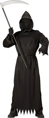 A person wearing a Grim Reaper costume holding a scythe.