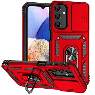 Immagine prodotto di Custodia per Samsung Galaxy A15 a doppio strato con copertura scorrevole della fotocamera e supporto ad anello rosso
