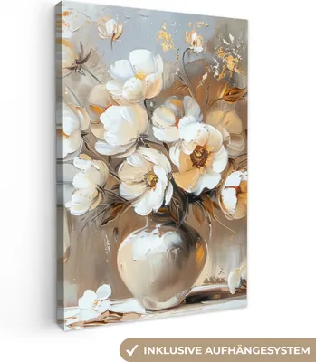 Produktbild von MuchoWow® - Leinwandbilder - Vase - Blumen - Kunst - Gold, Wandbild, Wanddeko Bilder Wohnzimmer, 80x120 cm