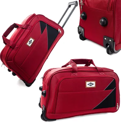 A collage of three images showing a red rolling duffel bag from different angles.