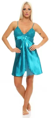 Produktbild von Damen kurzes Satin Negligé Nachtkleid Reizwäsche mit Spitze; Türkis/S