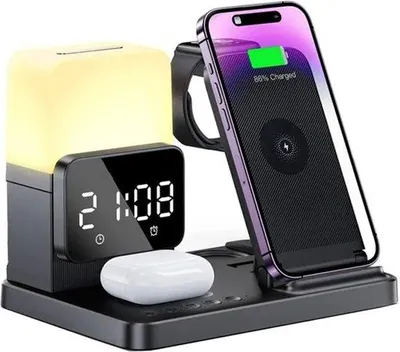 Productafbeelding van Universele draadloze oplaadstation 6-in-1 met wekker, lamp en dockingstation voor iPhone, Apple Watch en AirPods - Snel opladen en stijlvol design