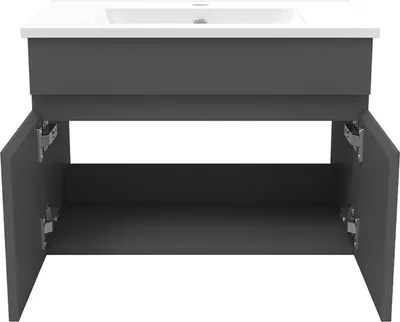 Produktbild von Waschtisch mit Unterschrank 60cm BERGEN Badmöbel Set Dunklegrau Keramik Waschbecken mit Unterschrank MDF Softclose