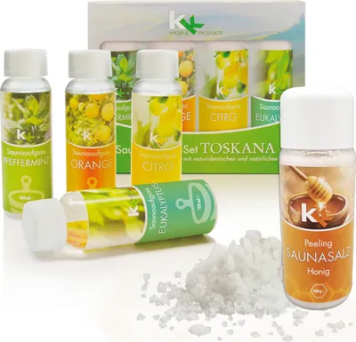 Produktbild von KK Saunaaufguss Set Toskana Saunakonzentrat 4 x 100 ml/Flasche + 200g Sauna Salz
