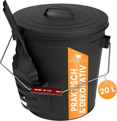 Produktbild von BLACK OAK Ascheeimer STROMBOLI Bügel silber 20L - mit Lederhandschuh UND Kehrset