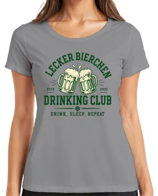 Immagine prodotto di T-shirt da donna, colore grigio, taglia L, con scritta "Lecker Bierchen Drinking Club" (Club per chi ama bere birra), design vintage, raffigurante un boccale di birra