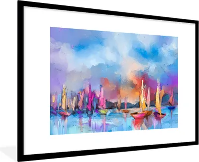 Produktbild von MuchoWow® Gerahmtes Poster Malerei - Boote - Wasser 90x60 cm - Poster mit Schwarzem Bilderrahmen Wandposter Rahmen Foto Bilder - Wanddekoration - Fotos