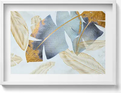 Produktbild von Glamour-Bananenblätter mit Gold– Wandbild mit Rahmen – Gerahmtes Bild  – Wanddekoration – 70x50 cm –  Weiß Rahmen
