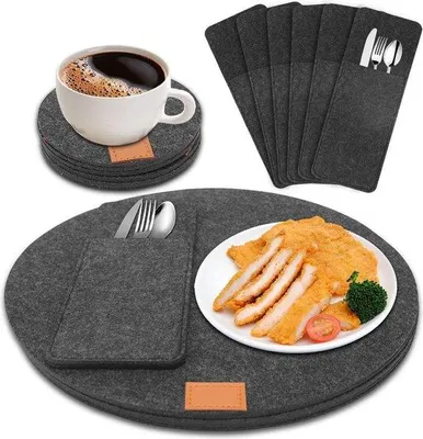 Produktbild von Unyqoos® Filz-Tischset 18-teilig – 6 runde Platzsets Ø34 cm, 6 Untersetzer Ø10 cm, 6 Bestecktaschen 25×9 cm, schwarz, waschbar, 4 mm, rutschfest, hitzebeständig