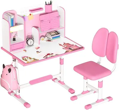 Produktbild von Set aus Schreibtisch und Stuhl für Kinder im Alter von 3 bis 18 Jahren, höhenverstellbarer Kinder-Schulkunsttisch mit Mädchen Jungen, ergonomischer Kinderschreibtisch Schublade, Bücherre