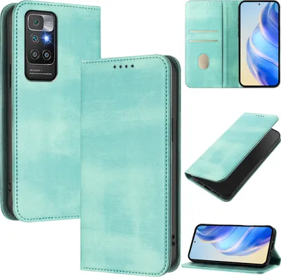 Obrázek produktu pro Pouzdro pro Xiaomi Redmi 10, vintage kožené pouzdro s RFID ochranou, přihrádkami na karty, stojánkem Tyrkysový
