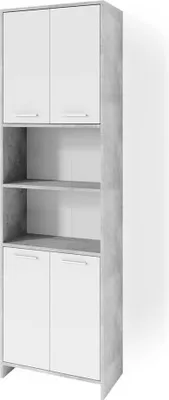 A tall, narrow cabinet with a concrete-effect frame and white doors and shelves.