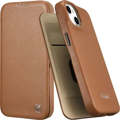 A brown leather phone case with a flip cover is shown at an angle.