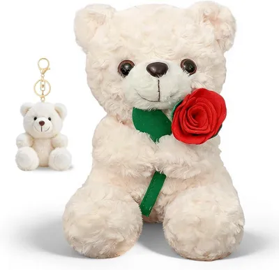 Immagine prodotto di Cuscino in peluche a forma di orsetto con rosa, morbido, 30 cm, ideale per la decorazione