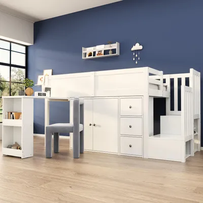 A white loft bed with a desk and storage is set up in a room with a blue wall and a large window.