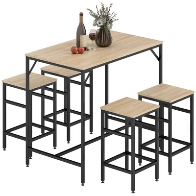 Productafbeelding van Bartafelset, staande tafel met 4 barkrukken, 5-delige tafelset, staal en eikenhout