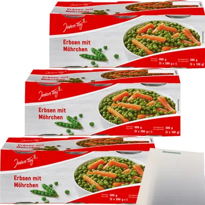 Produktbild von Jeden Tag Erbsen sehr fein mit Möhrchen 3er Pack (3x3x212ml Dose) + usy Block