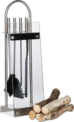 Produktbild von Kamin-Set 5-teilig aus Stahl, Edelstahl und Glas, rost- und verschleißfest, Silber, 70x25 cm