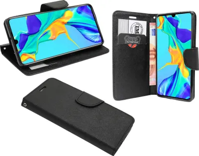 Produktbild von cofi1453® Buch Tasche "Fancy" kompatibel mit HUAWEI P30 Handy Hülle Etui Brieftasche Schutzhülle mit Standfunktion, Kartenfach Schwarz