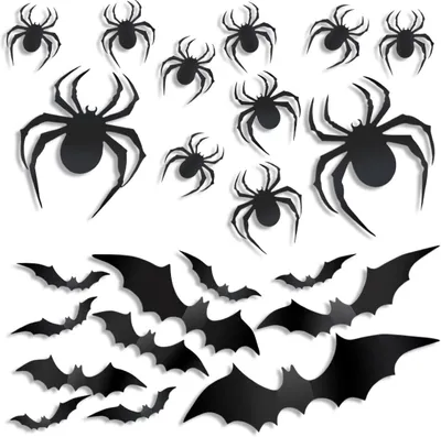 Produktbild von 24 Stück Halloween Dekoration Gruselig, Aufkleber mit Kleber, Fledermäuse und Spinnen. Geeignet für Wände und Fenster, ideal für Geburtstagsfeiern (Spinnen in 3 Größen, Fledermäuse in 4 Größen).