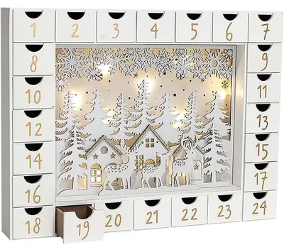 Productafbeelding van Adventskalender van hout met 24 lades, geschikt voor een kerstscène, met LED-verlichting en te vullen