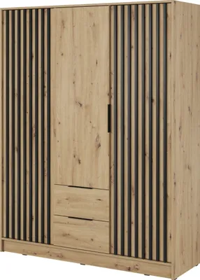A three-door wardrobe with a wood-grain finish and black slatted accents.