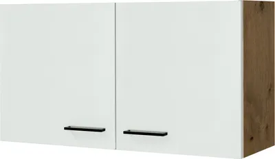 A white kitchen cabinet with a wood-grain side panel and black handles.
