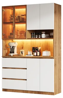 Produktbild von Merax Küchenschrank Küchenvitrine mit LED-Beleuchtung, 3 Schubladen, 6 Türen, Ablagebretter, Multifunktional, Hochschrank, Buffetschrank, Weiß+Natur