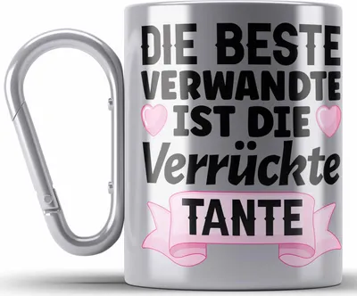 Produktbild von Trendation - Beste Tante der Welt Geschenk Edelstahl Tasse Karabiner mit Spruch für Tante Weihnachten Lieblings Verrückte Tante Coole Geschenkidee (Silber)