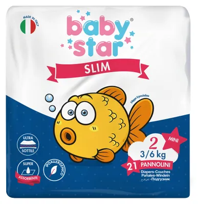 Obrázok produktu pre PANNOLINI BABYSTAR SLIM, veľkosť 2 (pre deti 3-6 kg), balenie obsahuje 21 kusov